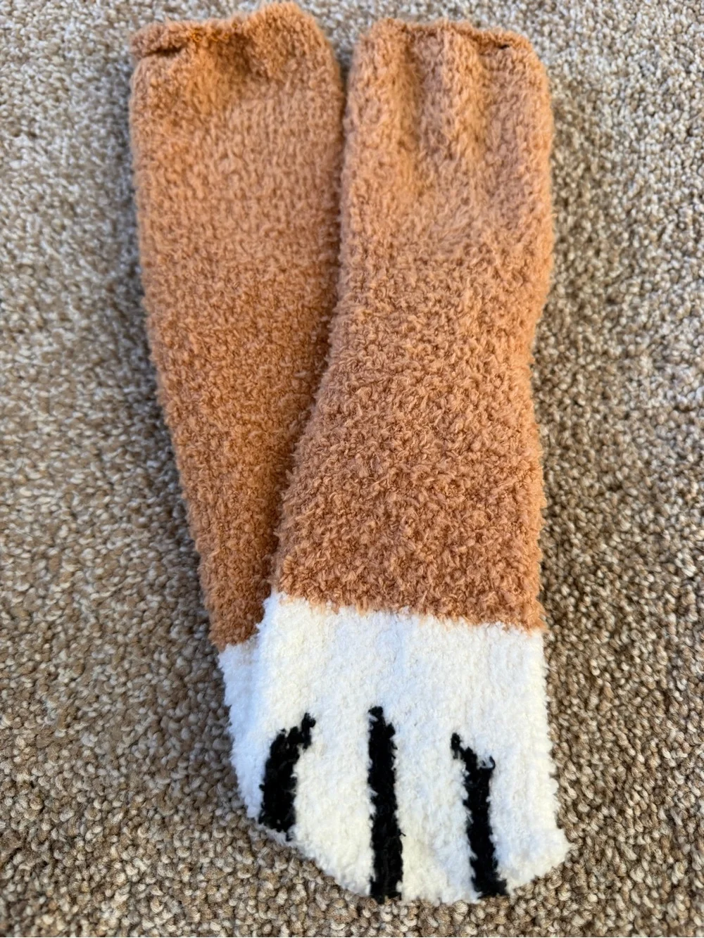 Cozy Fuzzy Crew Socks - Tan and White